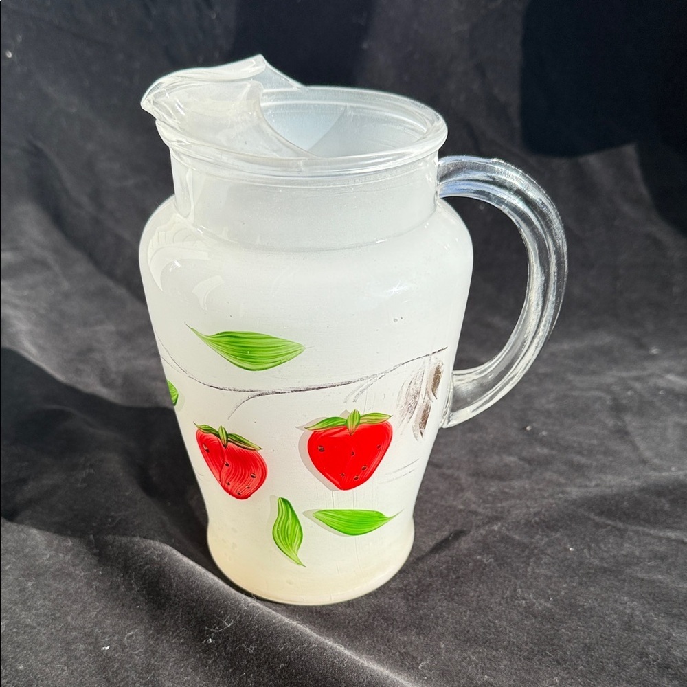 Frosted Glass Pitcher with Red Apple Design